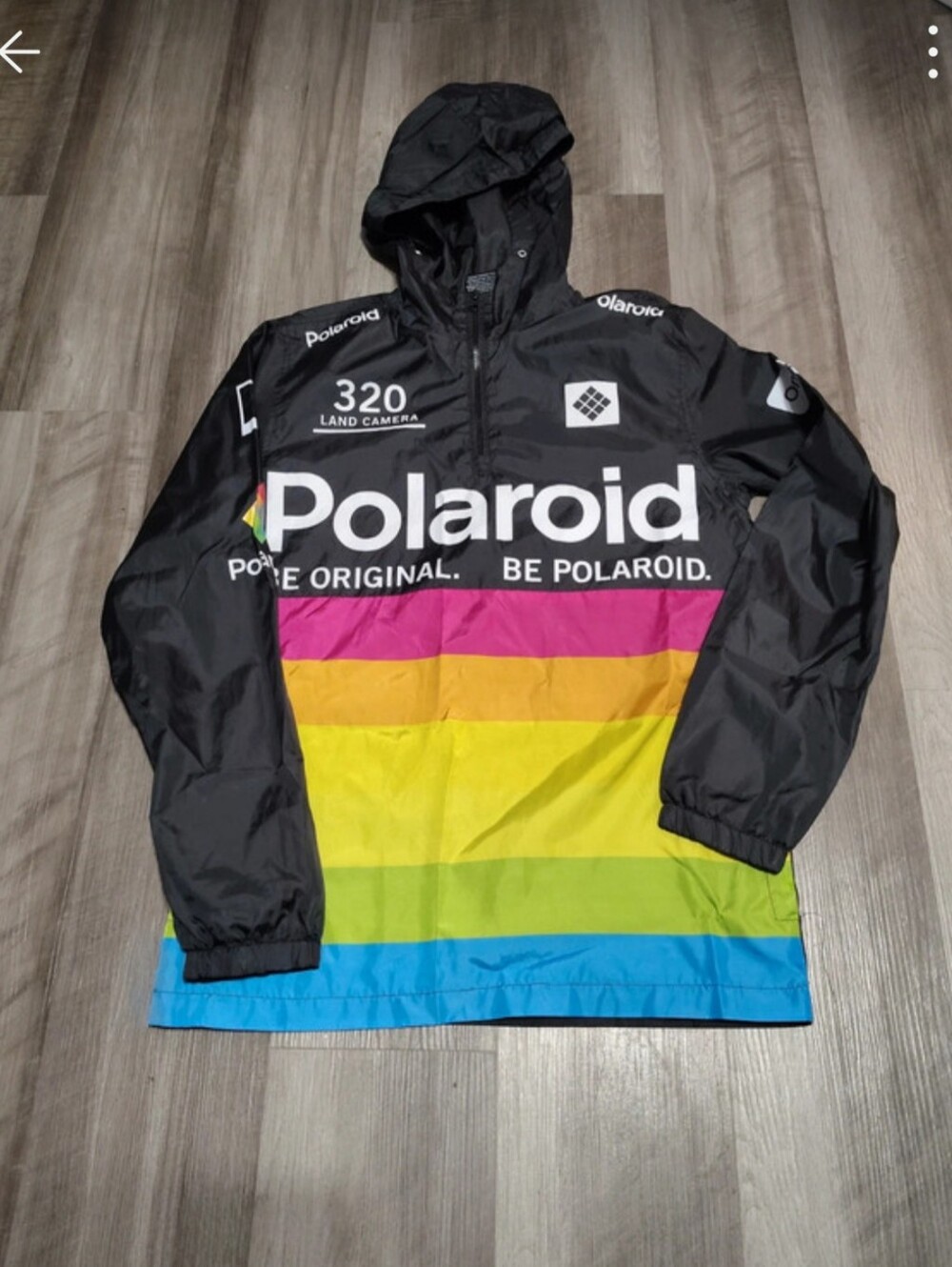 Polaroid Men's Black Quarter Zip Windbreaker Size Small with Rainbow Stripes
